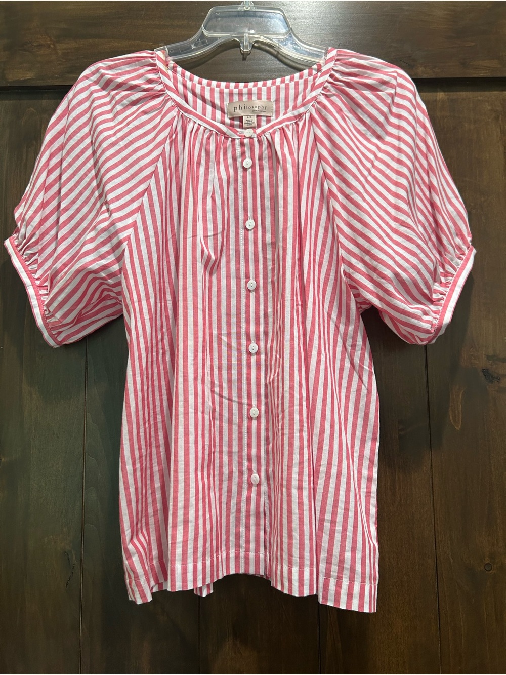 M387 Philosophy Pink and White Striped Button-Front Top Sz. L